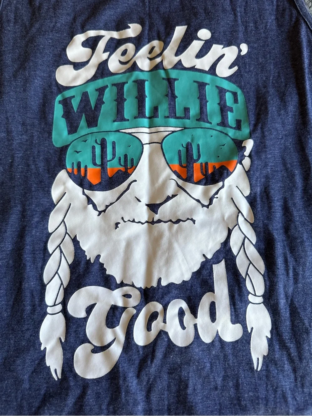 ❤️ 2/$20 NWOT Feelin Willie Graphic Tank Blue with Teal White Print Large Nelson - Picture 2 of 3